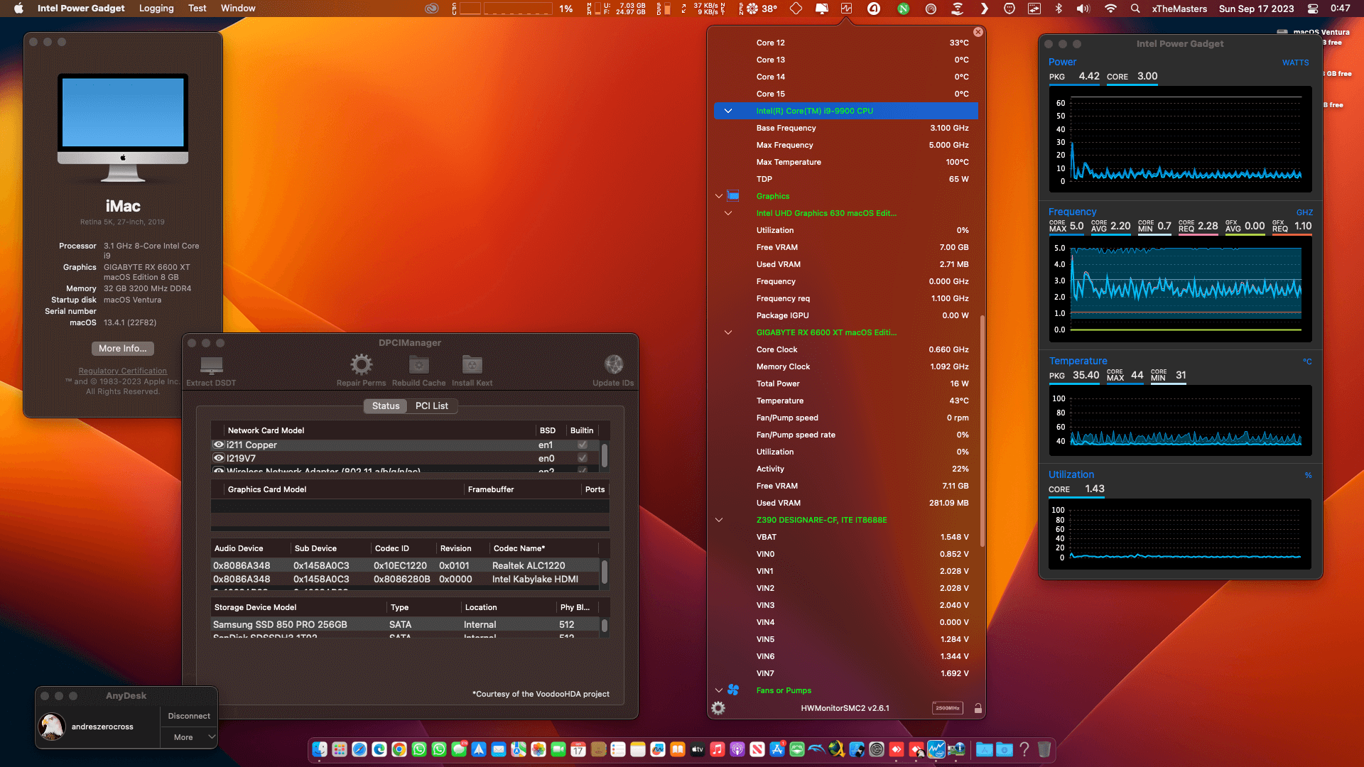 Success Hackintosh macOS Ventura 13.4.1 Build 22F82 in Gigabyte Z390 Designare + Intel Core i9 9900 + Gigabyte RX 6600 XT